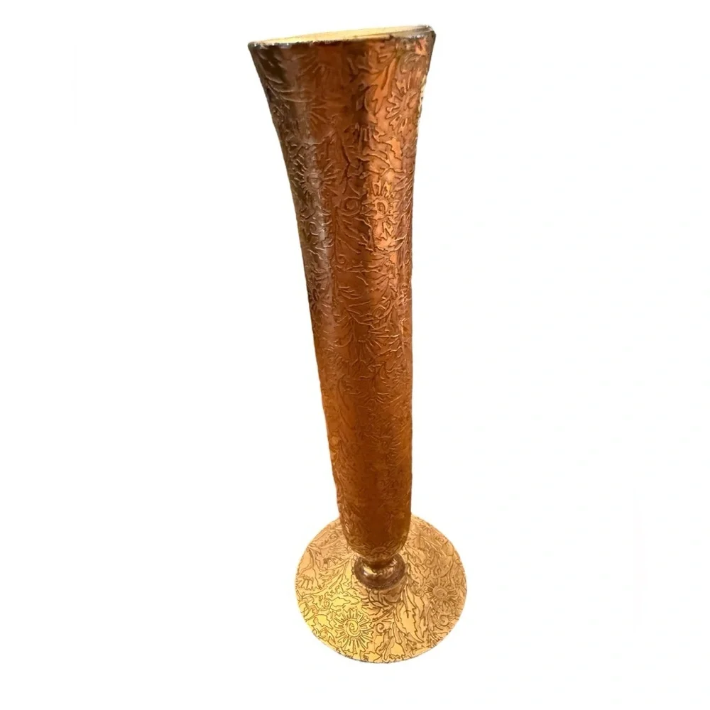 Vintage Brass/Copper Embossed Trumpet Vase – 7” Floral Design